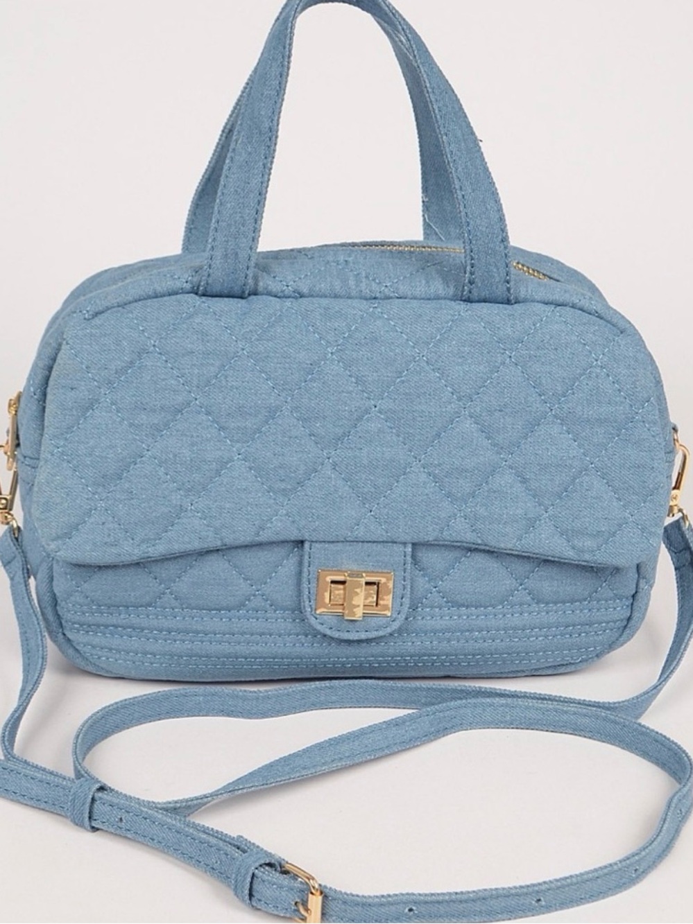 ShopEvelynne Quilted Light Blue Crossbody Tote with Gold Hardware